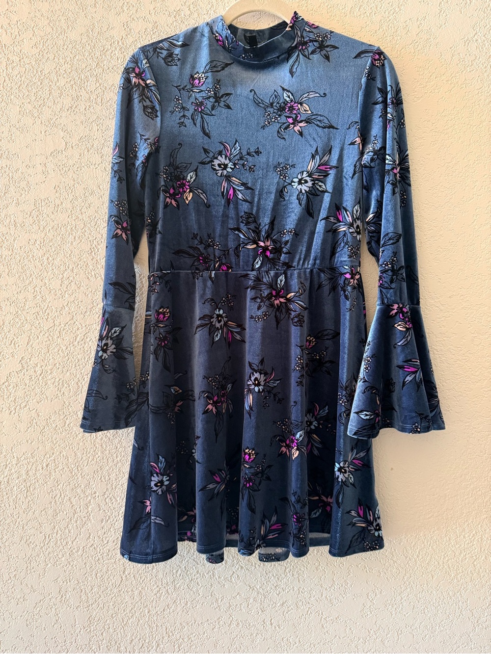 AS U WISH Whimsigoth Fairy Grunge Blue Velvet Bell Sleeves Floral Mini  Dress M